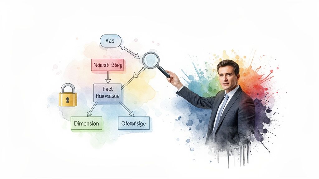 Businessman analyzing a data warehouse diagram with a magnifying glass, showing data flow and security.