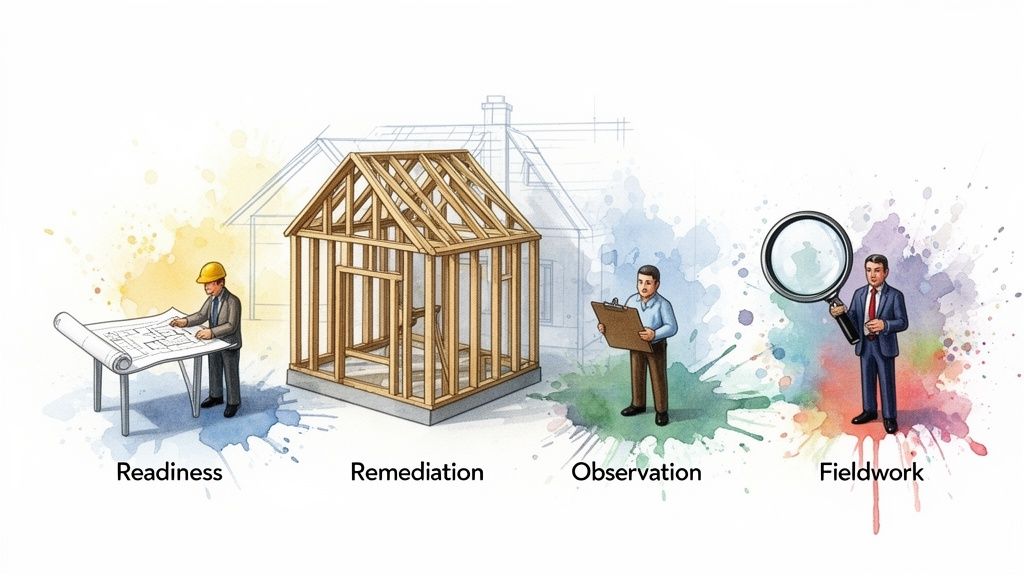Illustration depicting four stages of a construction process: Readiness, Remediation, Observation, Fieldwork, with relevant figures.