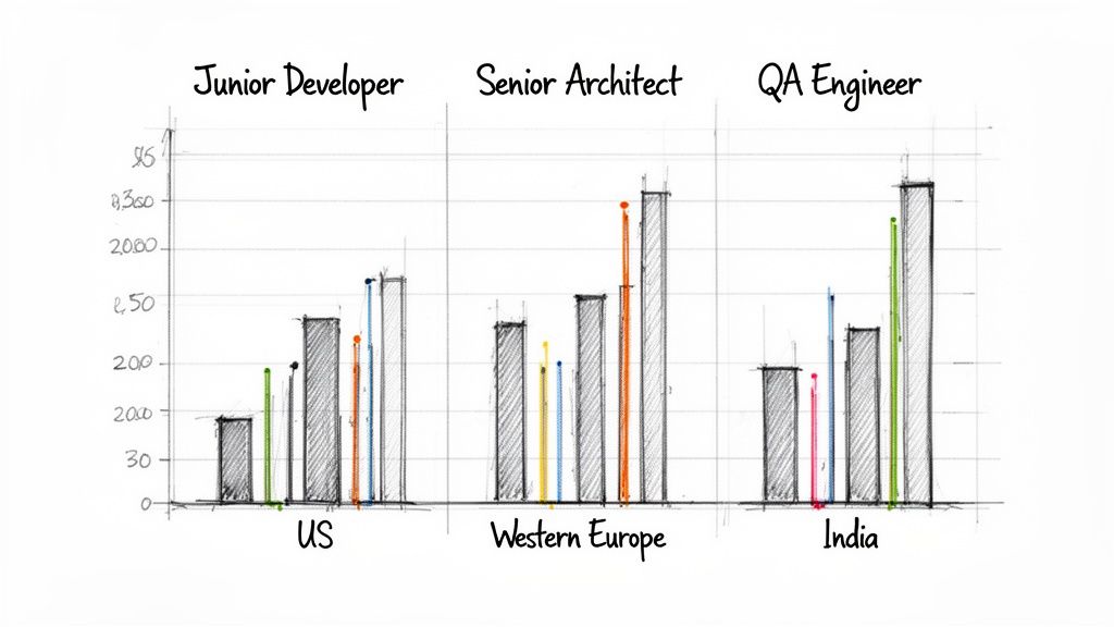 Bar chart comparing IT consulting hourly rates for various tech roles across different regions.