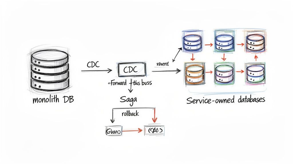 Diagram showing migration from a monolithic database to service-owned databases using CDC and Saga patterns.