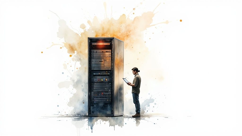 A man with a tablet inspecting a large server rack with glowing lights and watercolor art.