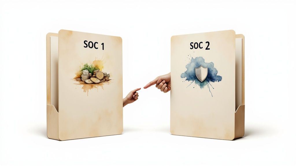 Two folders, 'SOC 1' featuring coins and 'SOC 2' a shield, with hands indicating a comparison.