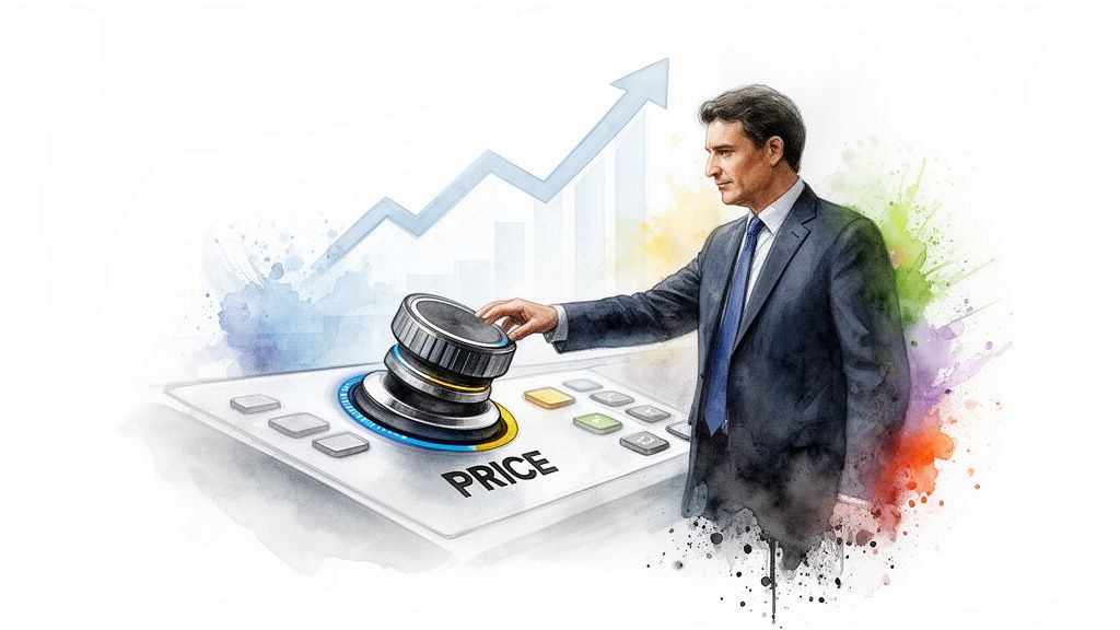 A businessman adjusts a large 'PRICE' knob, symbolizing pricing strategy and market growth.