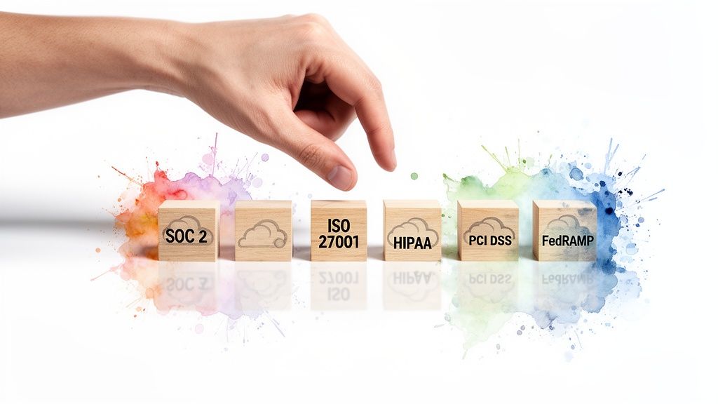 A hand hovers over wooden blocks labeled with regulatory compliance standards: SOC 2, ISO 27001, HIPAA, PCI DSS, FedRAMP.
