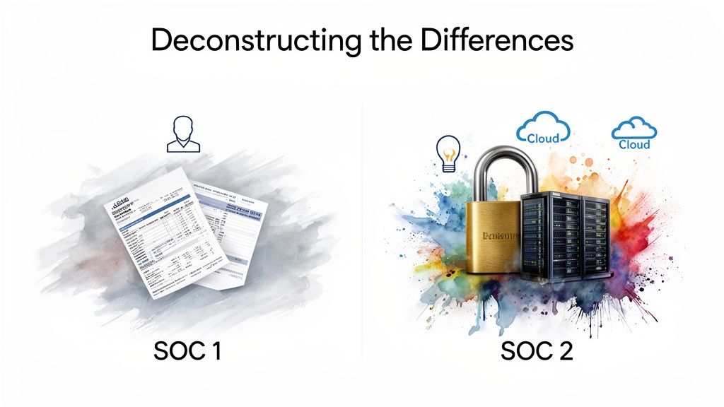 Image titled 'Deconstructing the Differences' comparing SOC 1 (financial documents, user) and SOC 2 (cloud, security, servers).