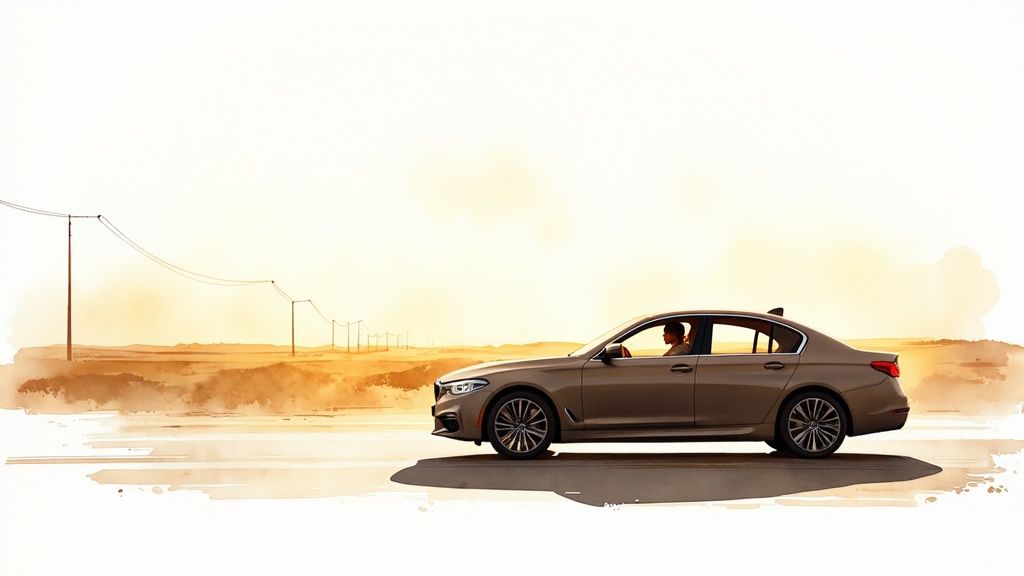 Watercolor painting of a brown sedan car driving on a desert road with power lines.