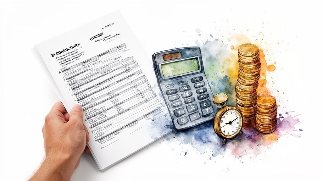 A hand holds a BI consulting report alongside a calculator, golden coins, and a clock, illustrating financial planning.
