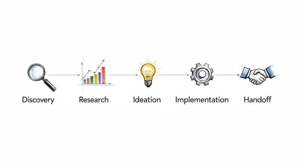 A five-step linear process flow: Discovery, Research, Ideation, Implementation, and Handoff with icons.