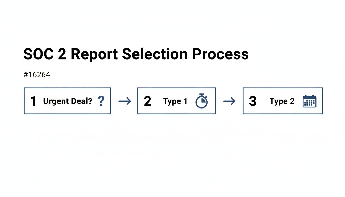 A flowchart outlining the SOC 2 Report Selection Process, including urgent deals and report types.