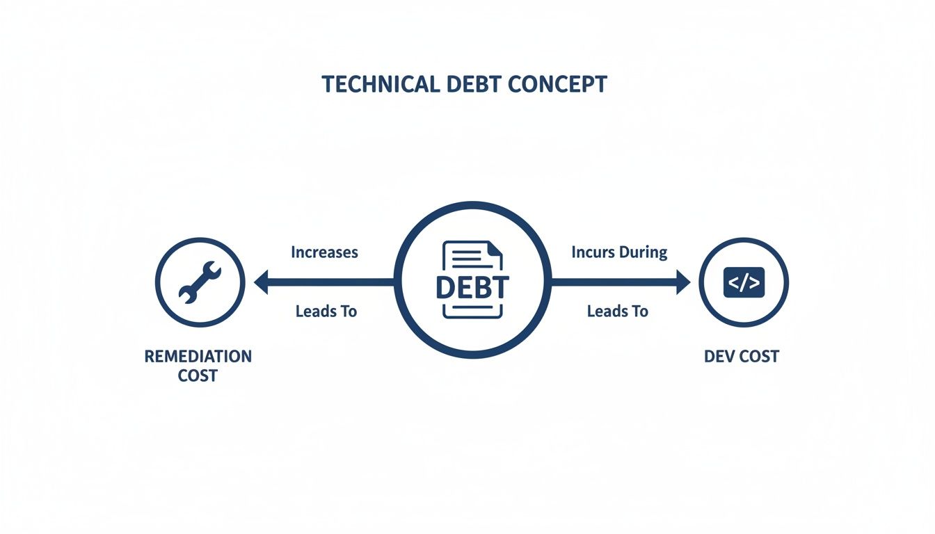 Concept diagram illustrating technical debt, showing how it increases remediation costs and incurs during development.