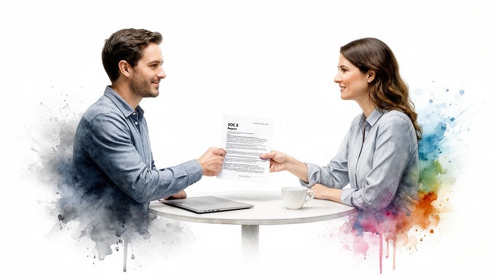 A man hands a 'SOC 2 Report' document to a woman across a table, both smiling.