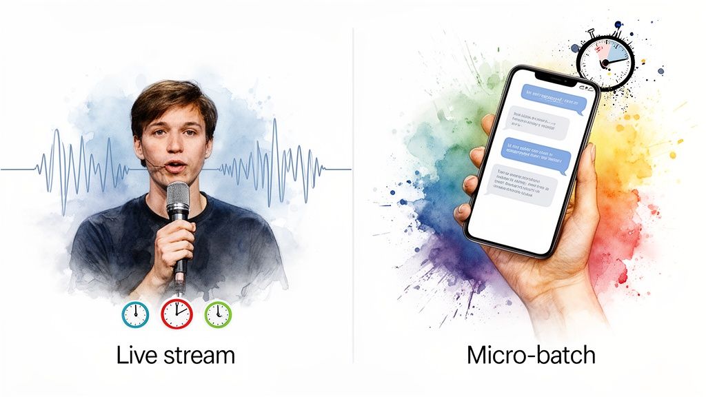 Visual comparison of live stream audio processing with a microphone versus micro-batch data on a smartphone.