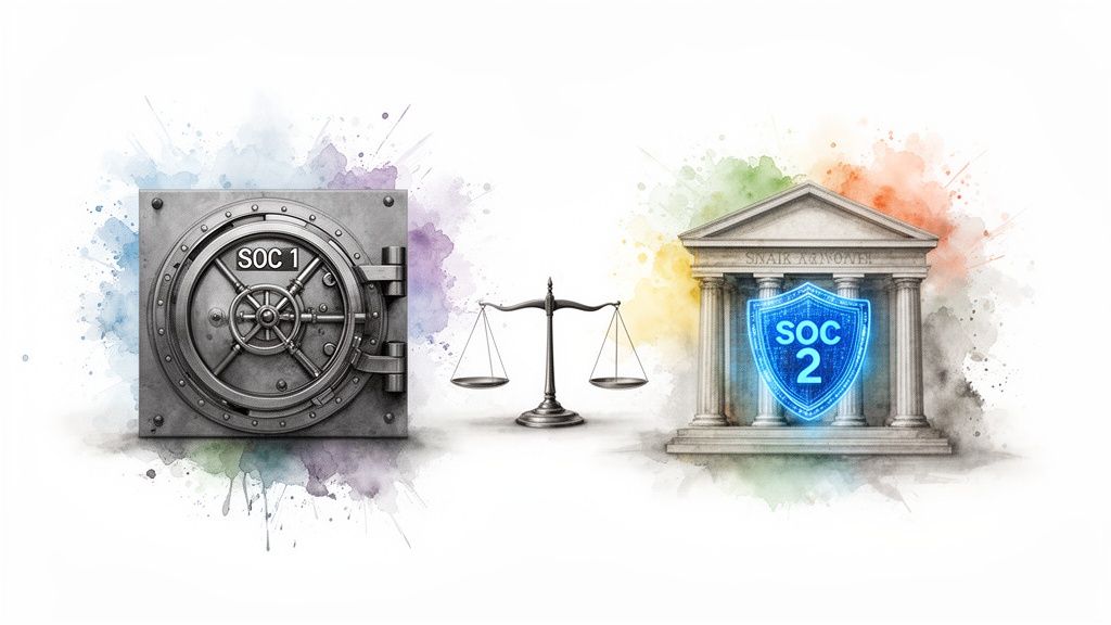 Illustrative comparison of SOC 1 (vault) and SOC 2 (shielded building) compliance reports.