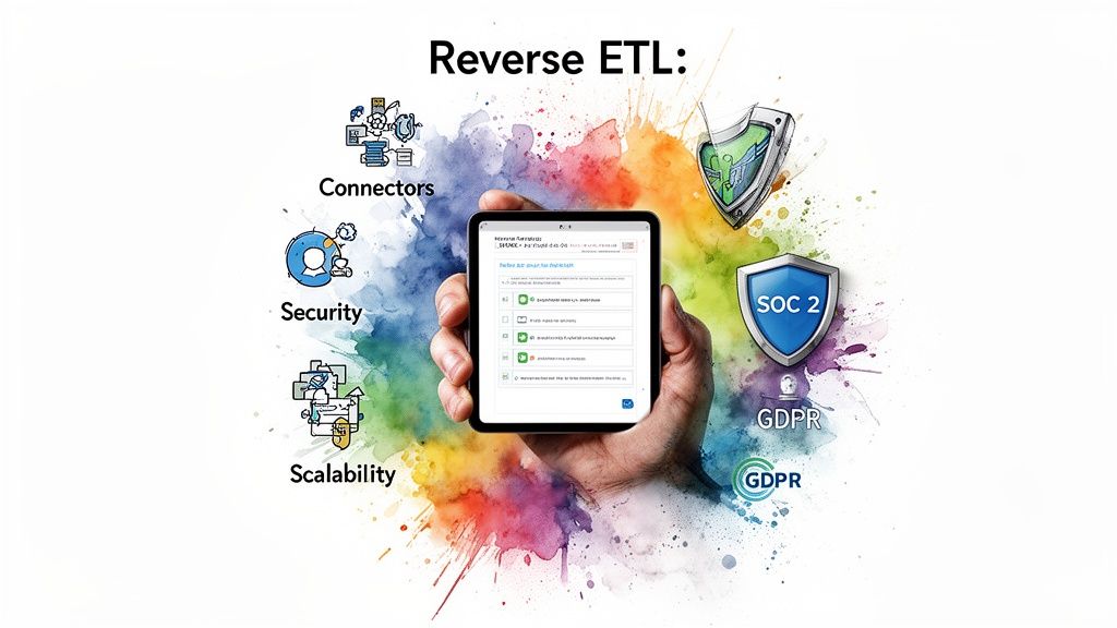 A diagram illustrating Reverse ETL features: connectors, security, scalability, SOC 2, and GDPR, centered on a tablet.
