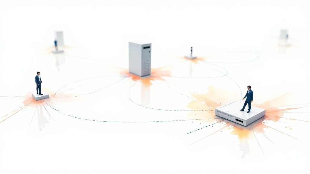 Miniature business figures on platforms connected to server-like structures, depicting data architecture.