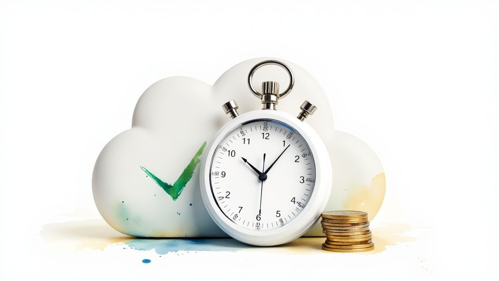 A white cloud with a green checkmark, a stopwatch, and a stack of coins, symbolizing cloud service efficiency.