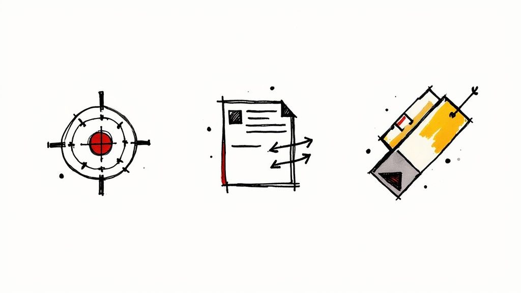 Three sketch-style icons: a target, a document with arrows, and a data storage device.