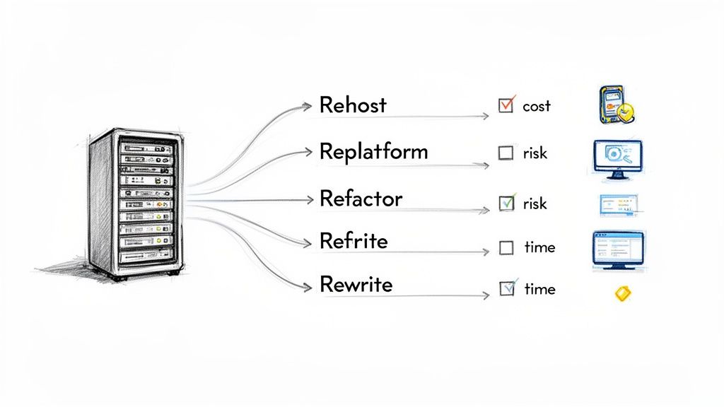 Diagram showing server migration strategies: Rehost, Replatform, Refactor, Refrite, Rewrite with associated costs, risks, and time.