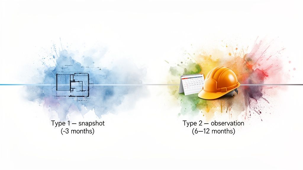 Two audit types compared: snapshot (~3 months) with blueprint, and observation (6-12 months) with hard hat.