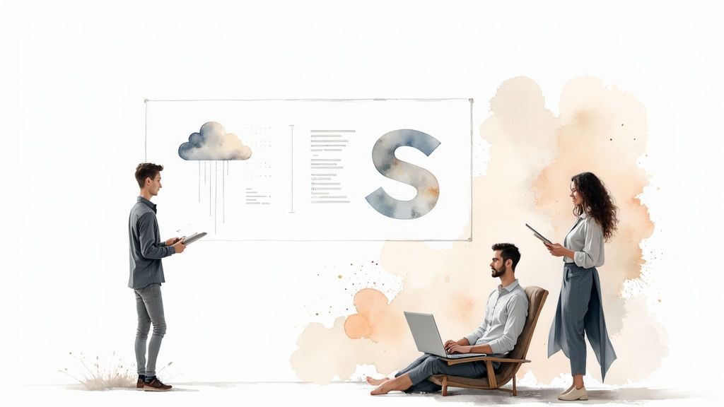 Professional team using tablets and laptops to analyze cloud data on a large screen.