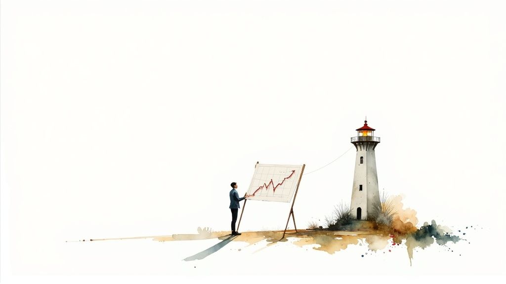 A man presents a line graph showing upward growth, with a lighthouse symbolizing guidance in the background.