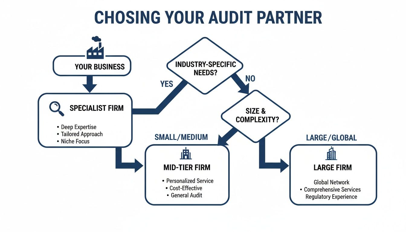 Flowchart guiding the selection of an audit partner based on industry needs, size, and complexity.
