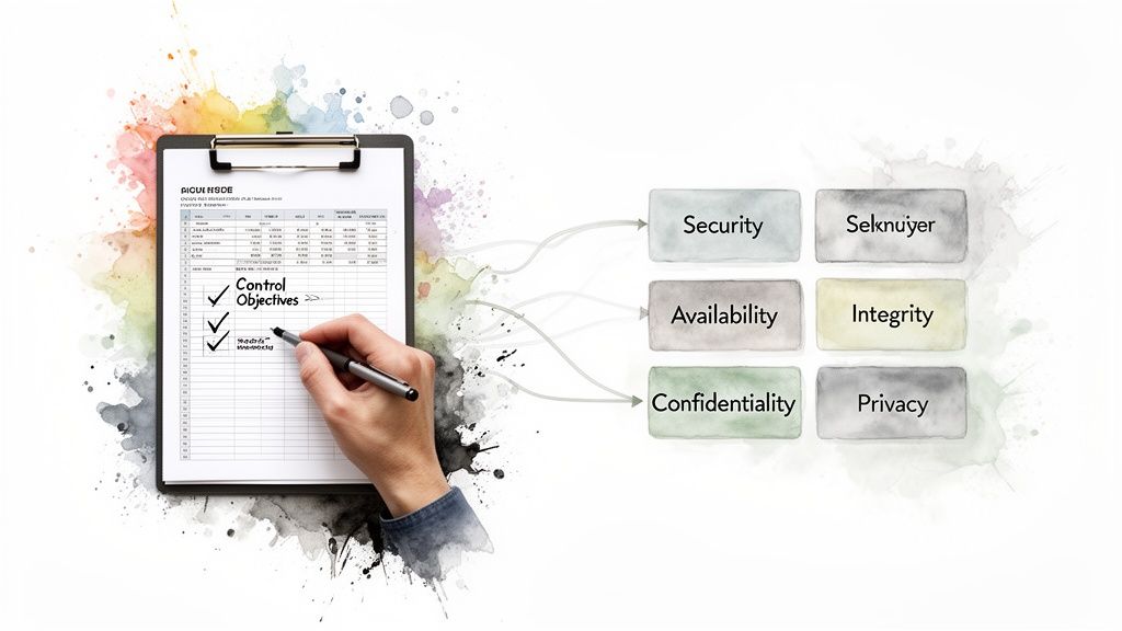 Hand marking control objectives, linking to security, availability, confidentiality, integrity, and privacy principles.