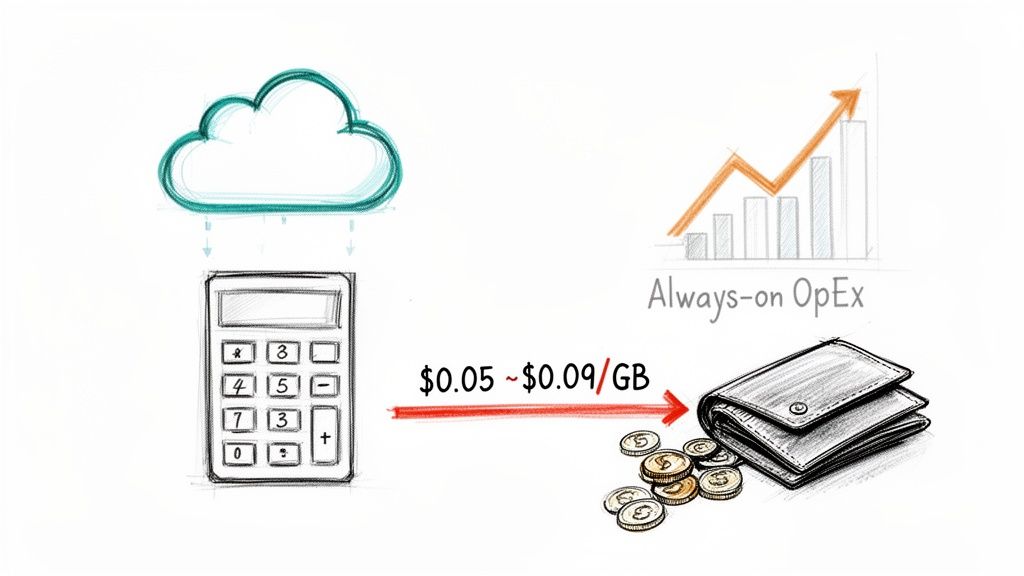 Illustration of cloud services charging per gigabyte, showing costs and always-on operational expenses.