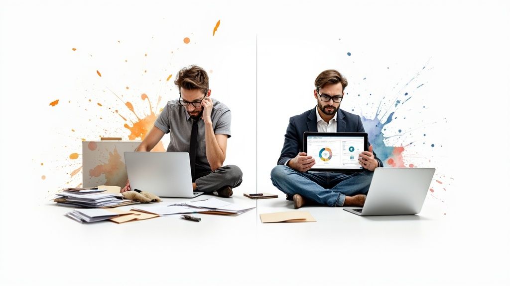 Side-by-side comparison of disorganized paper-based work and efficient digital data management with a tablet.