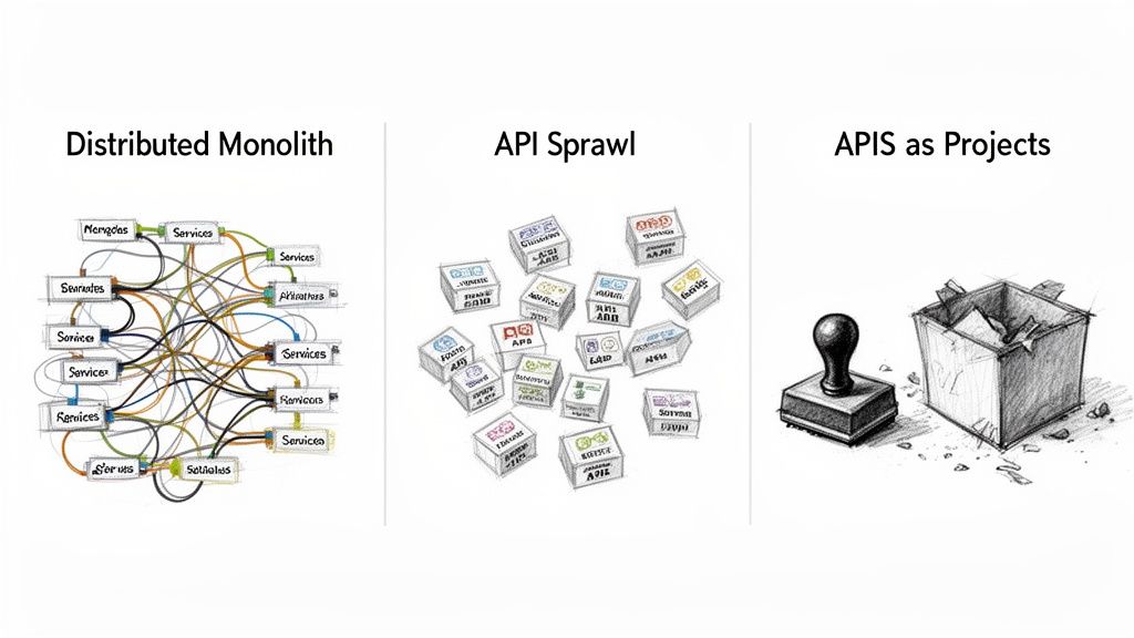 Three diagrams illustrate software architecture challenges: a tangled distributed monolith, API sprawl, and APIs as projects.