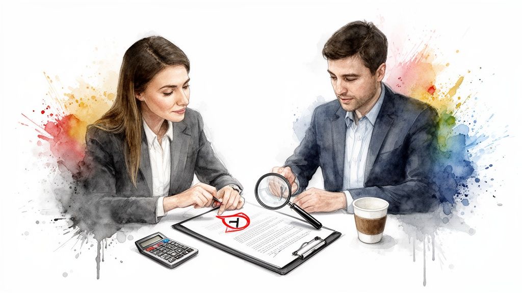 Two professionals review a document with a magnifying glass and calculator in a watercolor style.