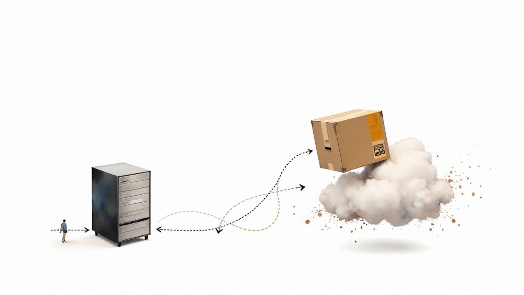 A person stands next to a server, with arrows indicating data migration to a box on a cloud.