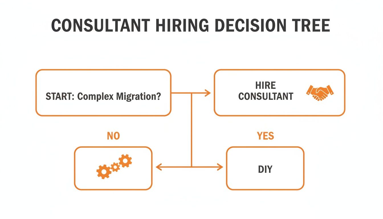Decision tree illustrating consultant hiring for complex migrations versus doing it yourself.