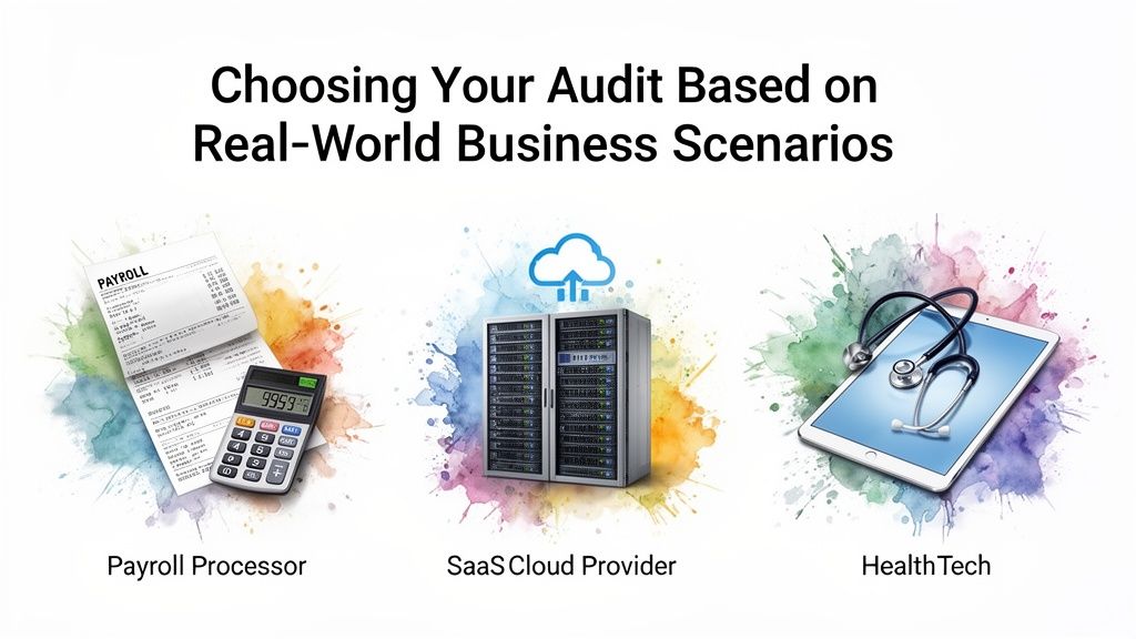 Visual guide illustrating various business scenarios like payroll, SaaS cloud, and health tech for choosing an audit.