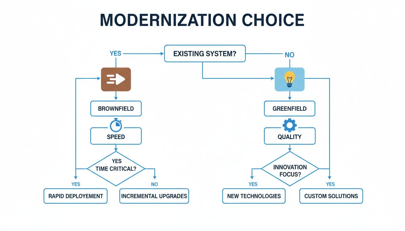 Flowchart illustrating modernization strategies: brownfield for existing, greenfield for new, with decision paths.