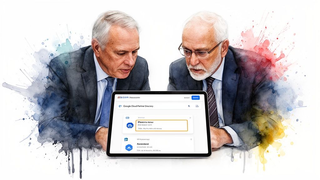 Two business professionals intently review the Google Cloud Partner Directory on a tablet, surrounded by artistic watercolor splashes.