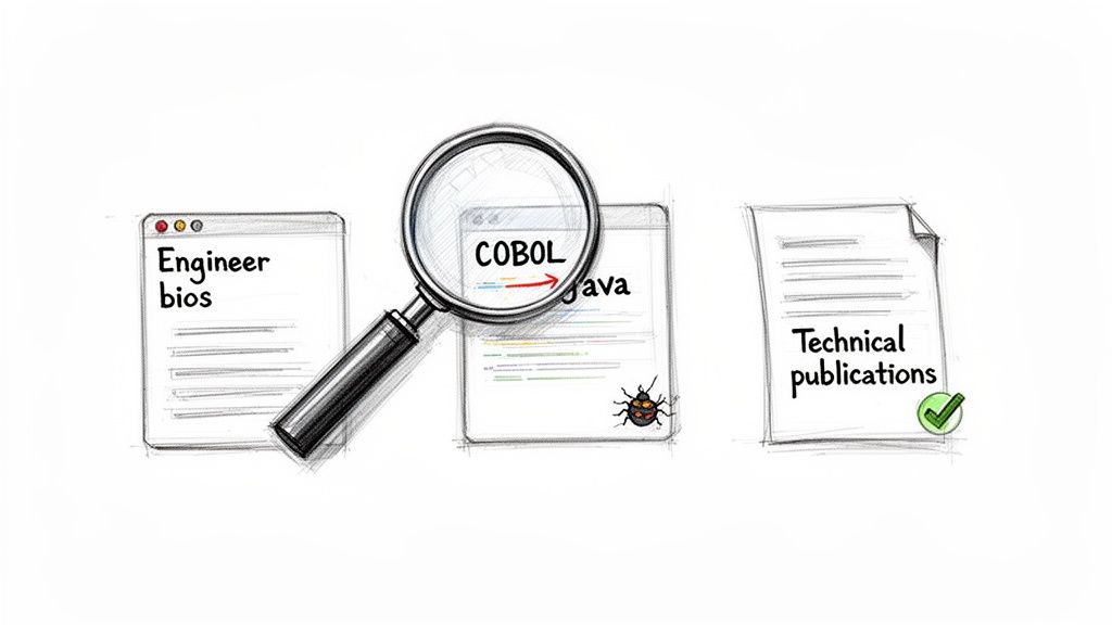 Magnifying glass inspecting COBOL code migrating to Java, with engineer bios and technical publications.