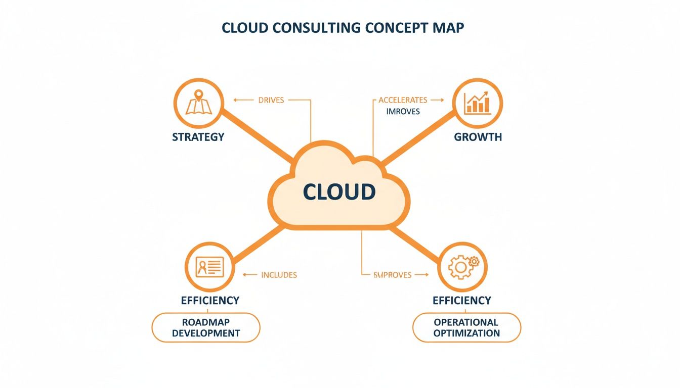 Cloud consulting concept map showing connections to strategy, growth, and efficiency with roadmap and operational optimization.