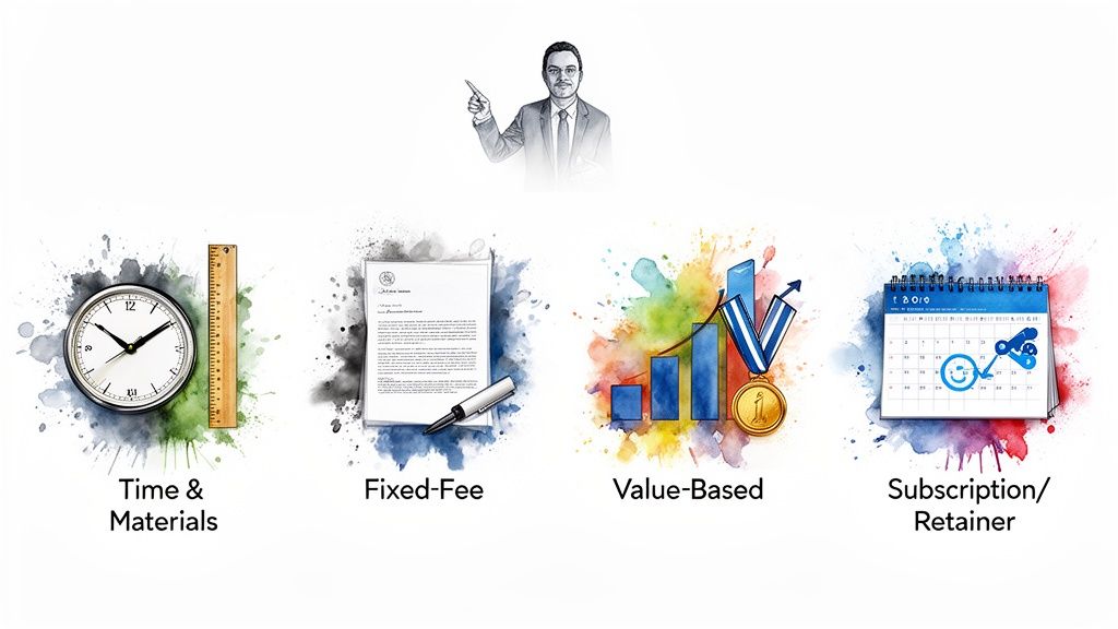 Four consulting pricing models: Time & Materials, Fixed-Fee, Value-Based, and Subscription/Retainer, presented by a man.
