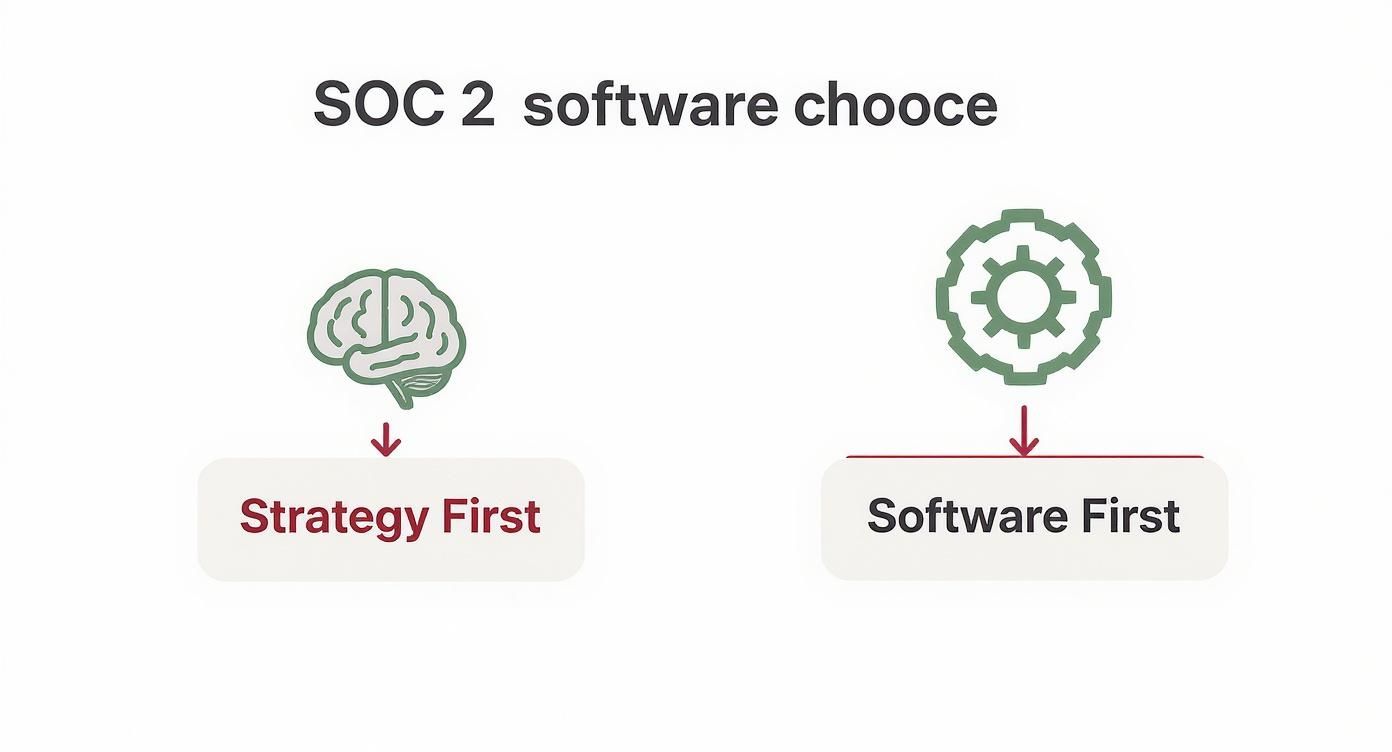 Diagram illustrating two approaches for SOC 2 compliance software selection: Strategy First (brain) versus Software First (gear).