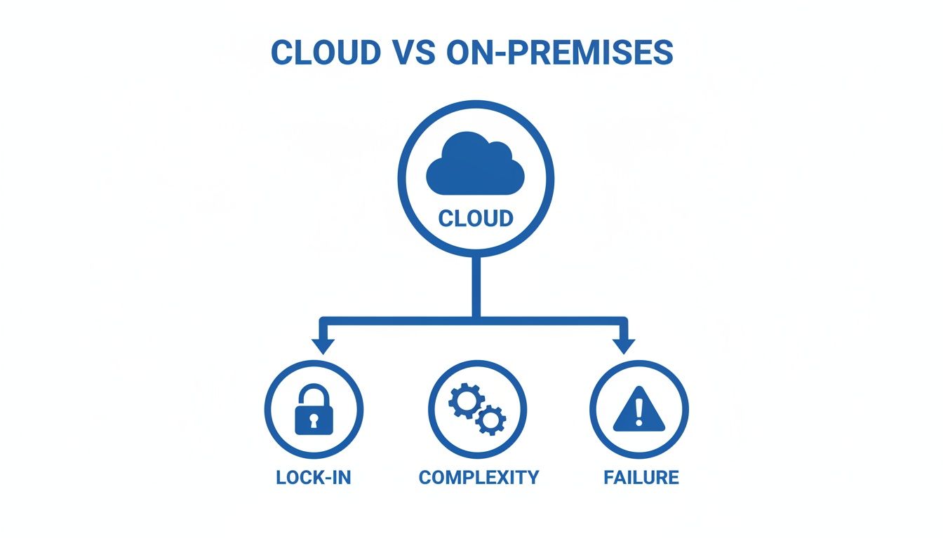 A blue diagram comparing cloud and on-premises, highlighting cloud challenges like lock-in, complexity, and failure.