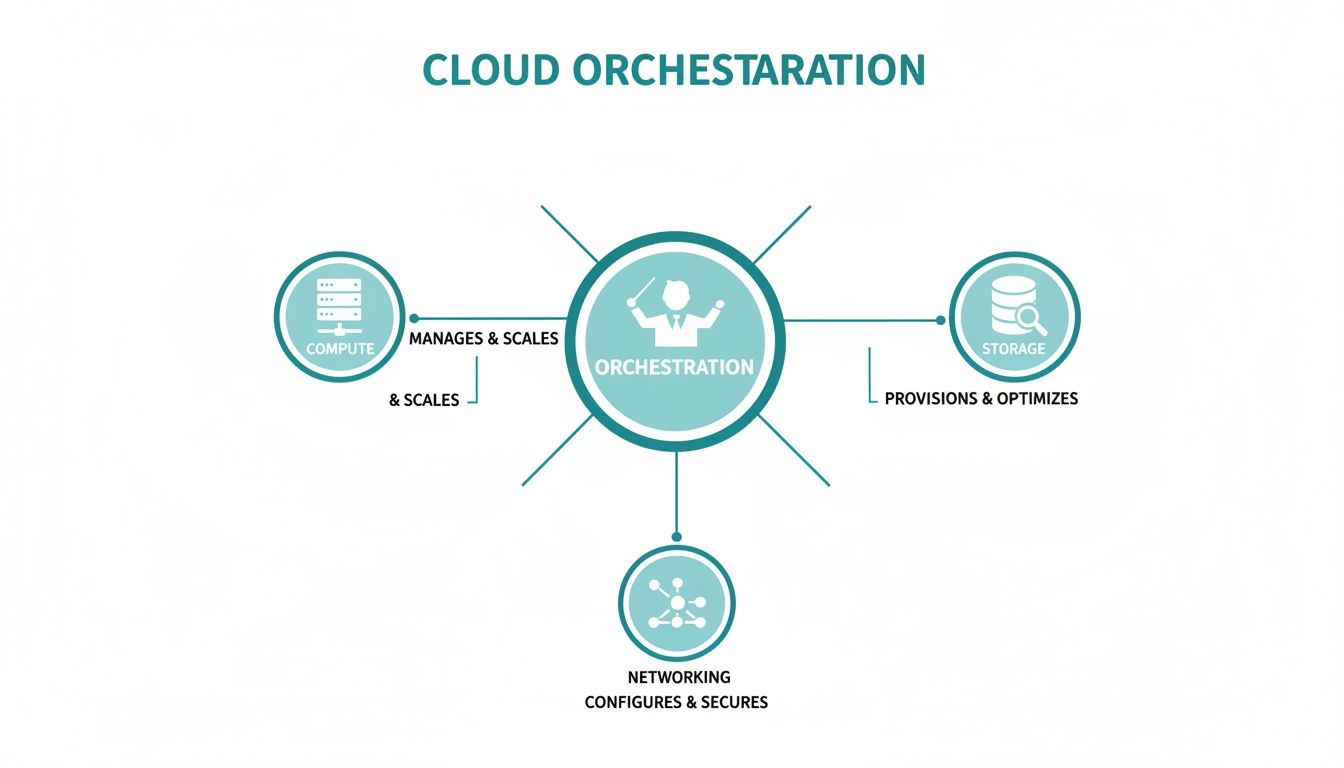 Diagram illustrating cloud orchestration managing compute, storage, and networking resources efficiently.