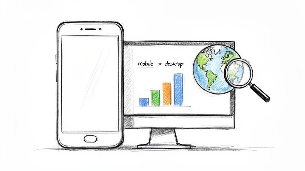 Hand-drawn illustration of mobile and desktop devices with analytics showing mobile leading, symbolizing global search optimization.