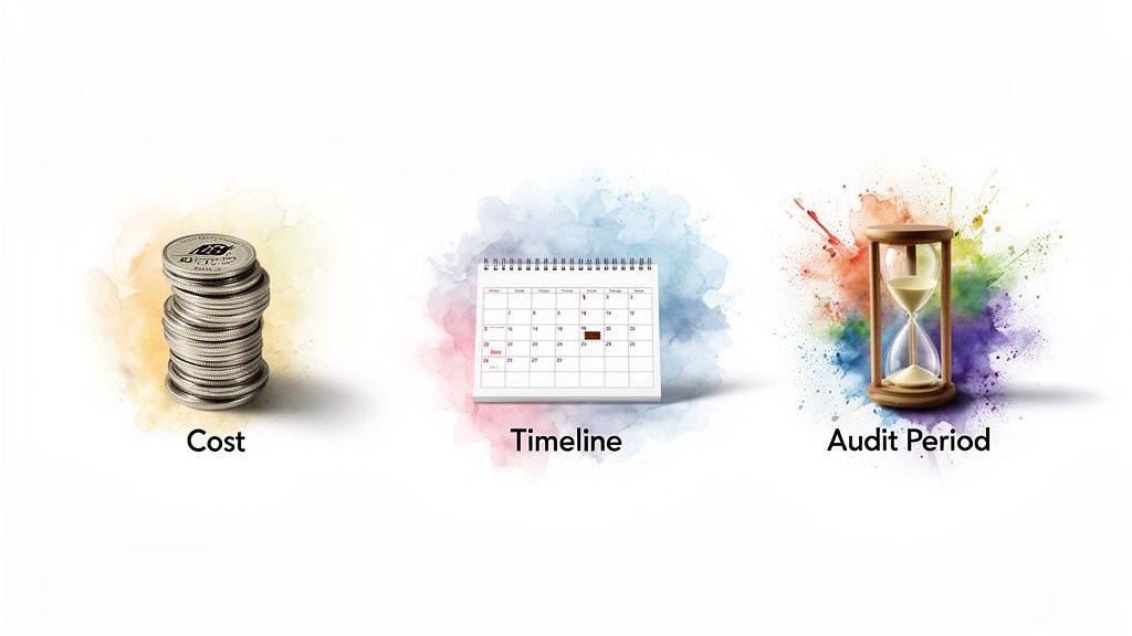 Visual representation of cost, timeline, and audit period with coins, calendar, and hourglass.