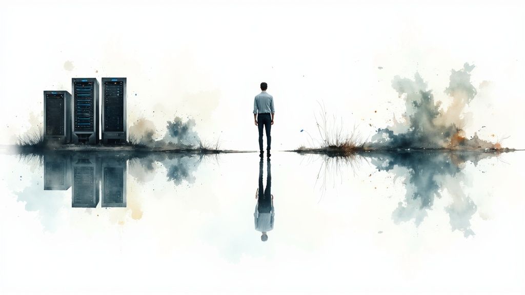 Man facing abstract data explosion and server racks, reflected on a pristine surface.