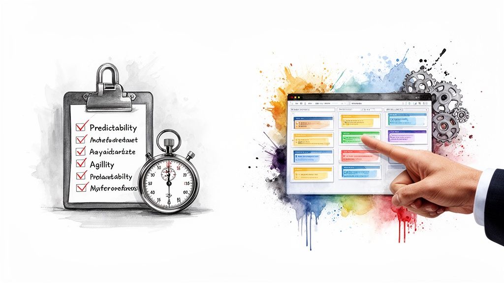 Dual image showing a project checklist with a stopwatch and a hand managing tasks on a colorful digital interface.