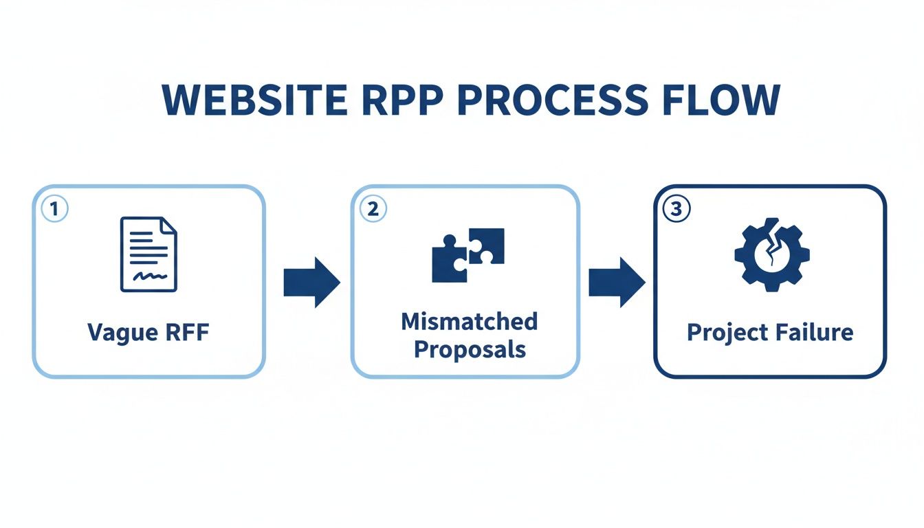 Flowchart illustrating how vague RFFs lead to mismatched proposals and subsequent project failure.