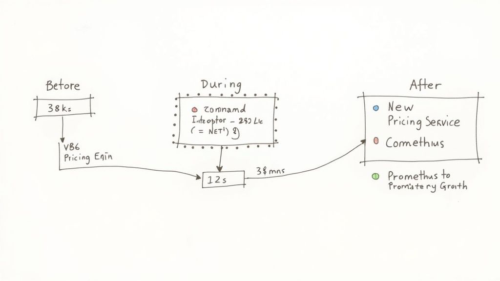 A diagram illustrating a software system's transformation from a legacy VB6 pricing engine to a new service.