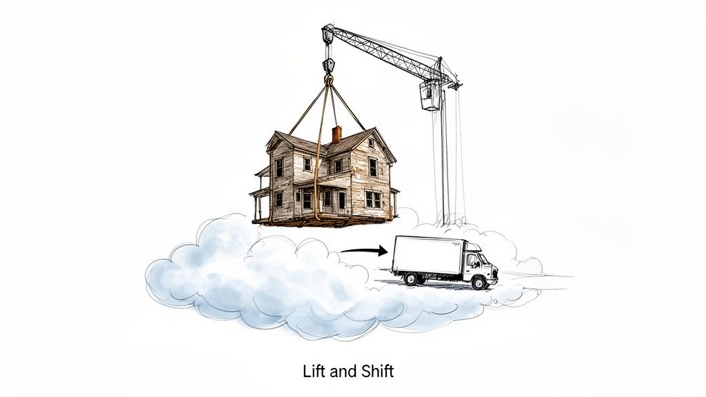 A crane lifts a house above clouds towards a moving truck, illustrating 'Lift and Shift' concept.