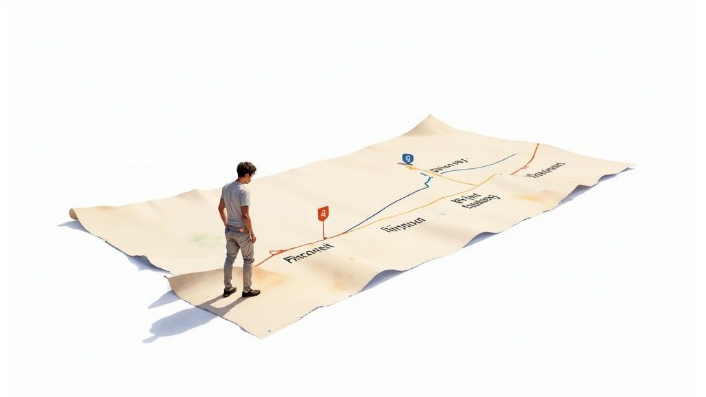 A man stands on a large, unrolled map with colored routes and markers, contemplating a journey.